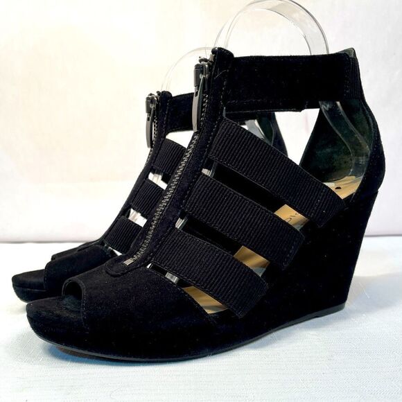 Black Suede Strappy Wedge with Front Zipper 3.5” Heel size 8 Like New - Picture 2 of 6